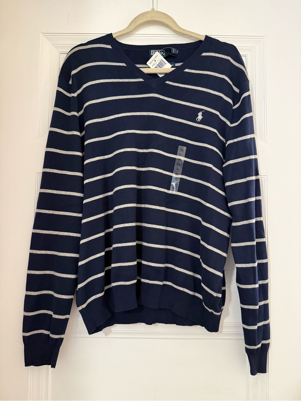 NWT Polo by Ralph Lauren Navy White Striped V-Neck Sweater - Men's XL